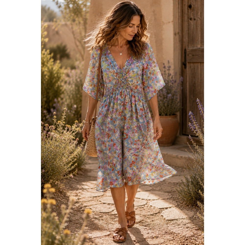 Sundance 100% Silk Floral Smocked Empire Boho Prairie Midi Dress 8